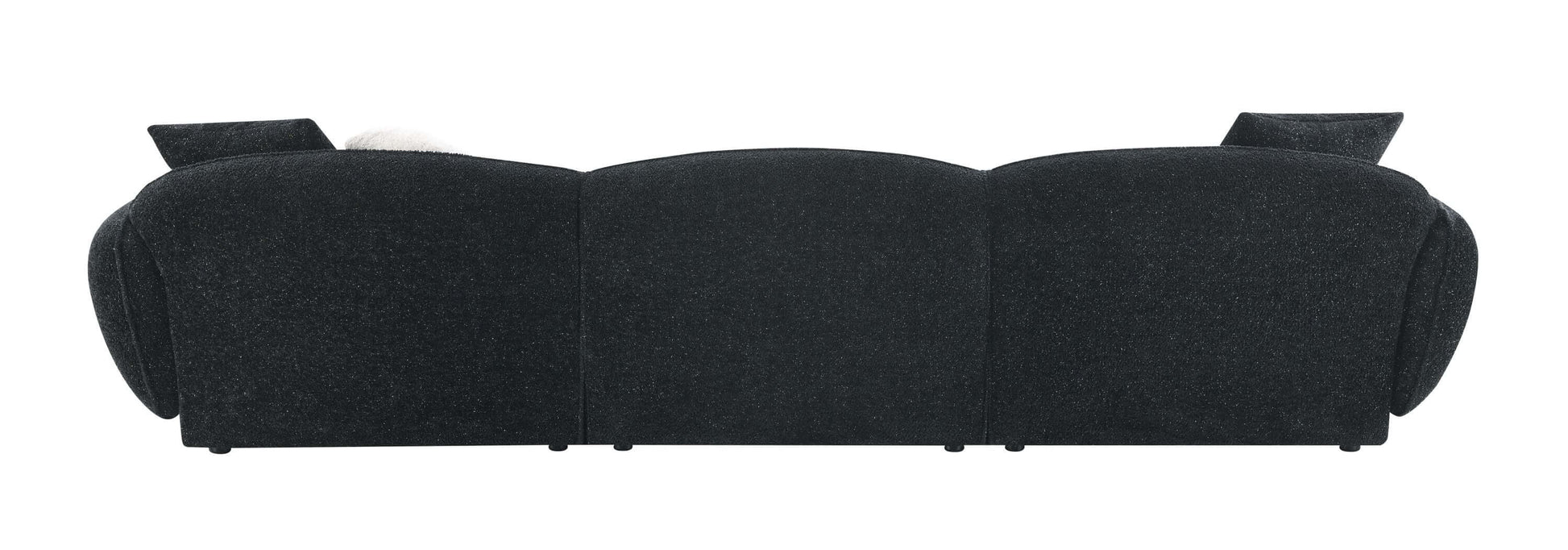 Lucifer Black & White Sectional Sofa – 127” Shimmer Fabric L-Shape Couch with 3 Pillows, sleek back view of sofa.