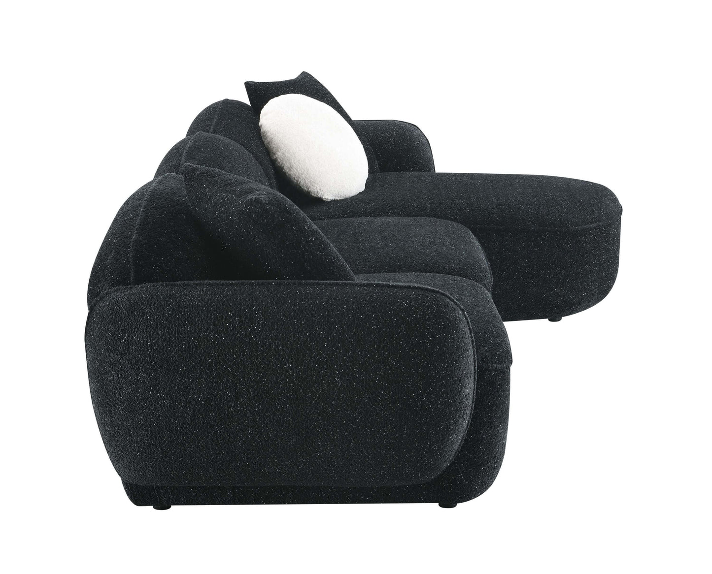 Lucifer Black & White Sectional Sofa – 127” Shimmer Fabric L-Shape Couch with 3 Pillows side view showcasing plush design