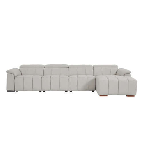 Wall-Hugger Power Reclining Leather Sectional – 4 Seat L-Shape Recliner Sofa with USB (144") in light gray fabric.