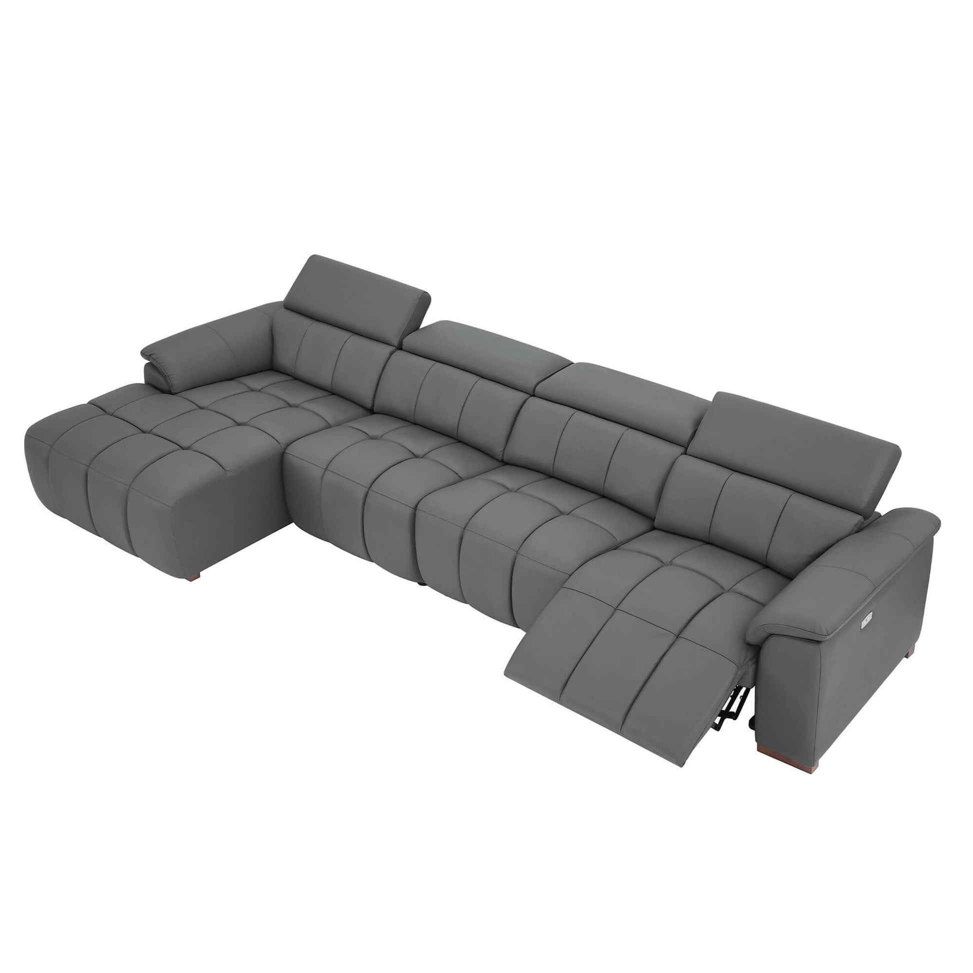 Wall-Hugger Power Reclining Leather Sectional – 4 Seat L-Shape Recliner Sofa with USB (144") in gray color.