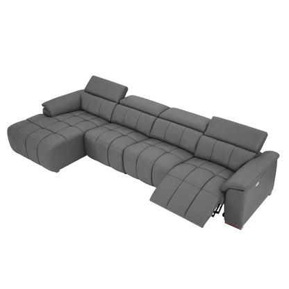 Wall-Hugger Power Reclining Leather Sectional – 4 Seat L-Shape Recliner Sofa with USB (144") in gray color.