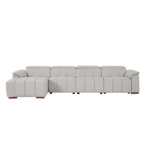 Wall-Hugger Power Reclining Leather Sectional – 4 Seat L-Shape Recliner Sofa with USB (144") in light gray leather upholstery.