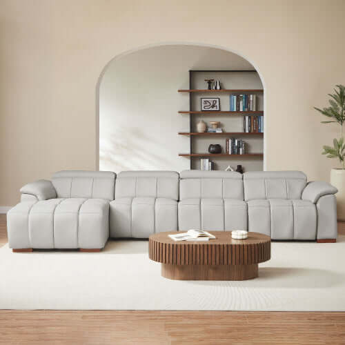 Wall-Hugger Power Reclining Leather Sectional – 4 Seat L-Shape Recliner Sofa with USB (144") in a modern living room setting.