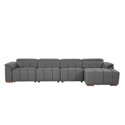 Wall-Hugger Power Reclining Leather Sectional – 4 Seat L-Shape Recliner Sofa with USB (144") in gray upholstery.