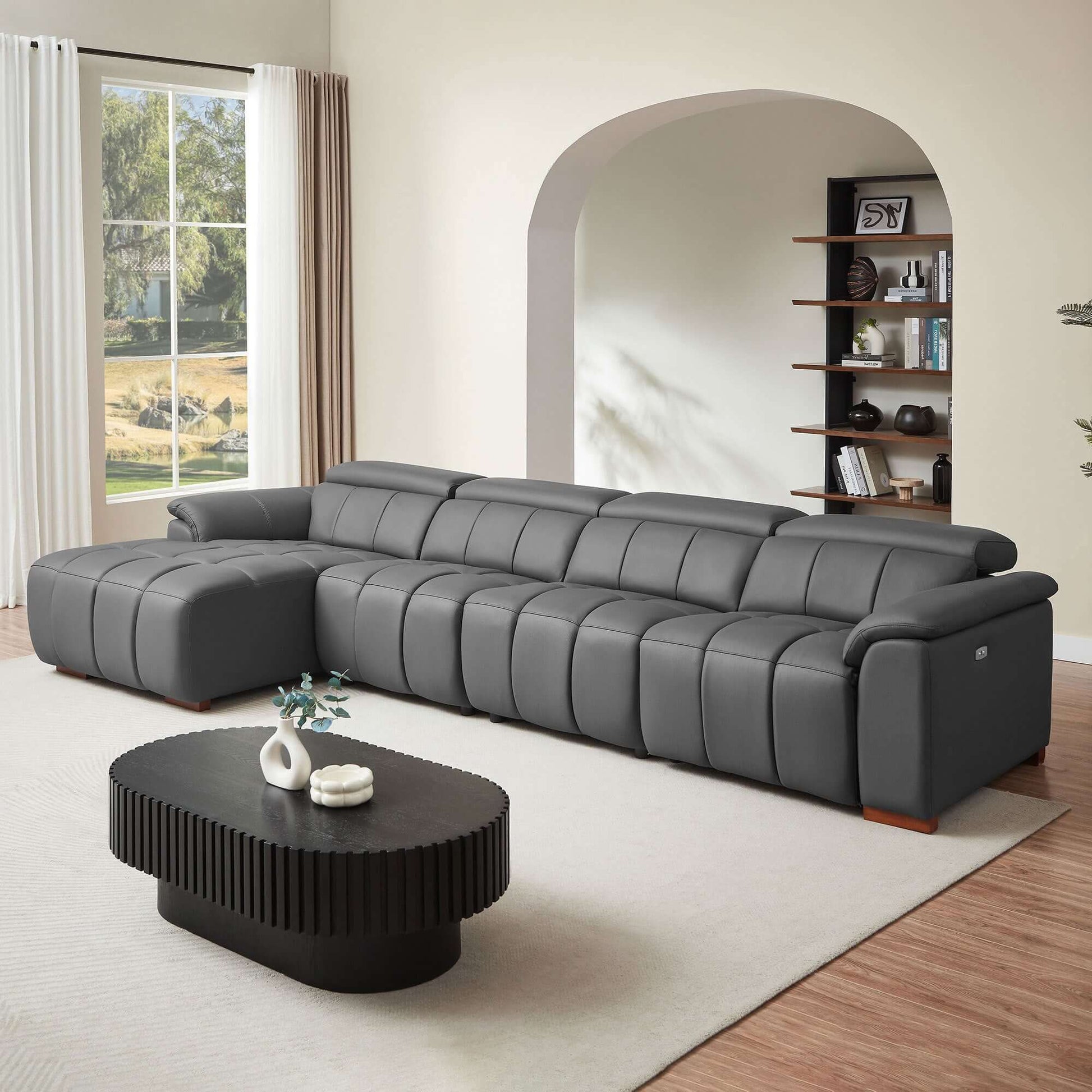 Wall-Hugger Power Reclining Leather Sectional – 4 Seat L-Shape Recliner Sofa with USB (144") in a modern living room setting.