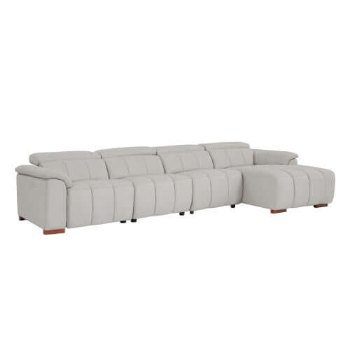 Wall-Hugger Power Reclining Leather Sectional – 4 Seat L-Shape Recliner Sofa with USB (144") in light gray leather.