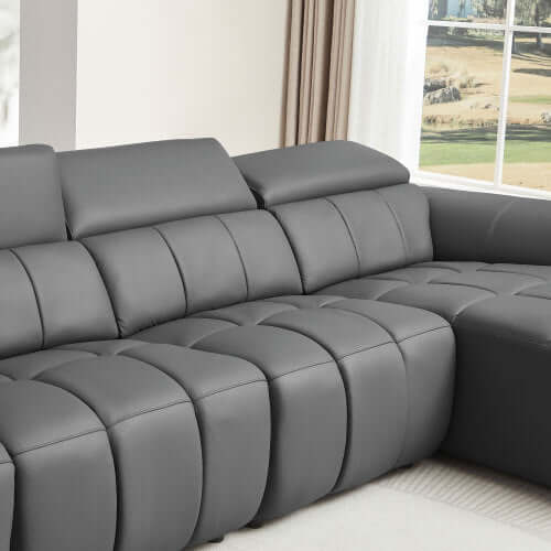 Wall-Hugger Power Reclining Leather Sectional – 4 Seat L-Shape Recliner Sofa with USB (144") in luxurious leather upholstery.