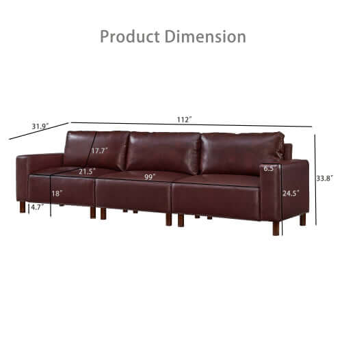 Product Dimension of Luxury PU Leather Sofa 112" – Modern Faux Leather 3-Seat Couch with Wood Legs (3 Colors)
