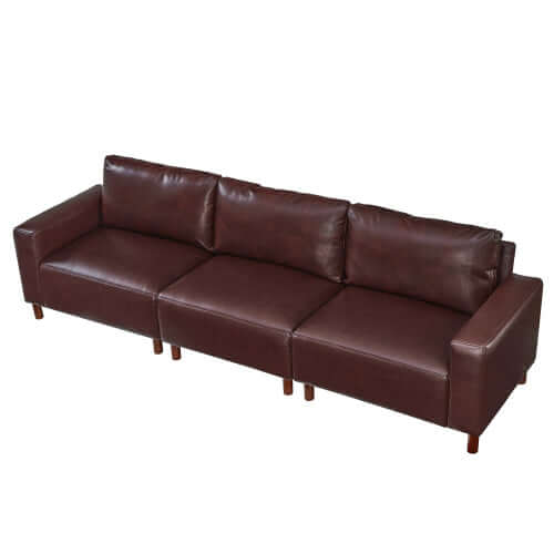 Luxury PU Leather Sofa 112" – Modern Faux Leather 3-Seat Couch with Wood Legs (3 Colors) in brown upholstery