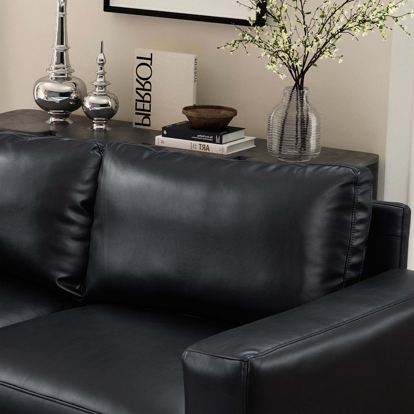 Luxury PU Leather Sofa 112" – Modern Faux Leather 3-Seat Couch with Wood Legs (3 Colors) on display in a stylish living room.