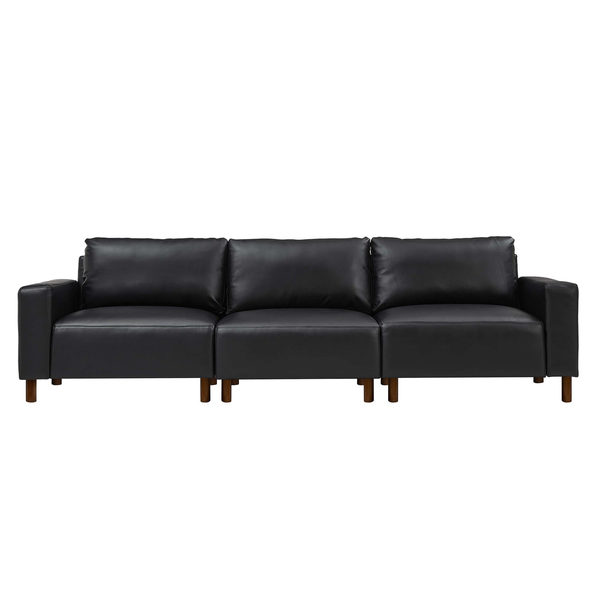 Luxury PU Leather Sofa 112" – Modern Faux Leather 3-Seat Couch with Wood Legs (3 Colors) in black.