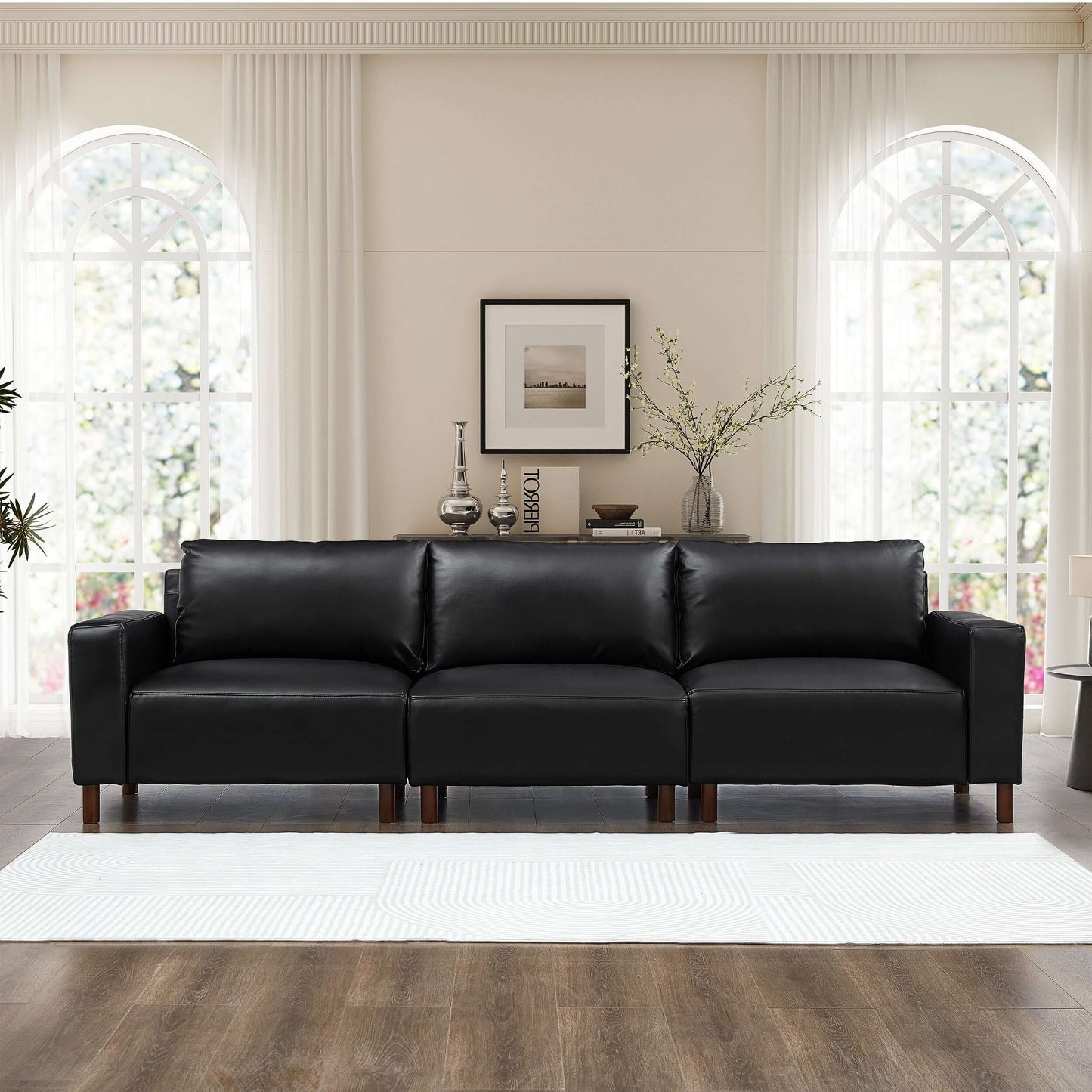 Luxury PU Leather Sofa 112" – Modern Faux Leather 3-Seat Couch with Wood Legs (3 Colors) in a stylish living room.