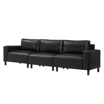 Luxury PU Leather Sofa 112" – Modern Faux Leather 3-Seat Couch with Wood Legs (3 Colors) in black color.