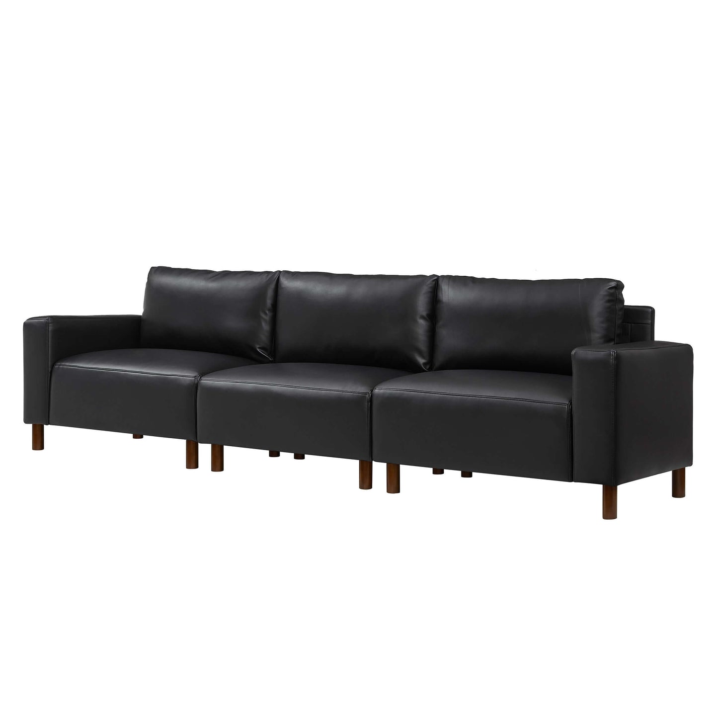 Luxury PU Leather Sofa 112" – Modern Faux Leather 3-Seat Couch with Wood Legs (3 Colors) in black color.