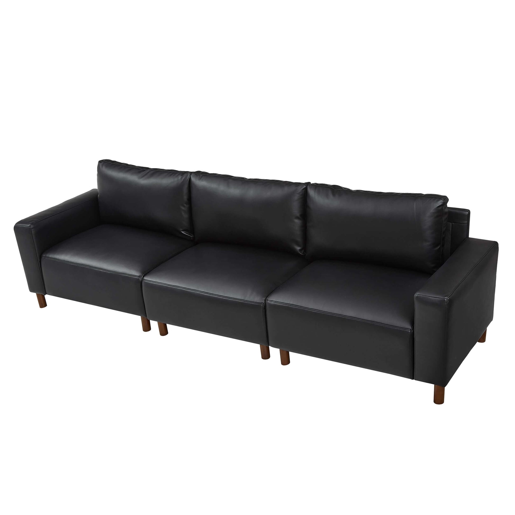 Luxury PU Leather Sofa 112" – Modern Faux Leather 3-Seat Couch with Wood Legs (3 Colors) in black.