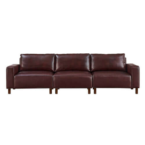 Luxury PU Leather Sofa 112" – Modern Faux Leather 3-Seat Couch with Wood Legs (3 Colors) in brown.