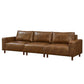 Luxury PU Leather Sofa 112" – Modern Faux Leather 3-Seat Couch with Wood Legs (3 Colors) in brown.
