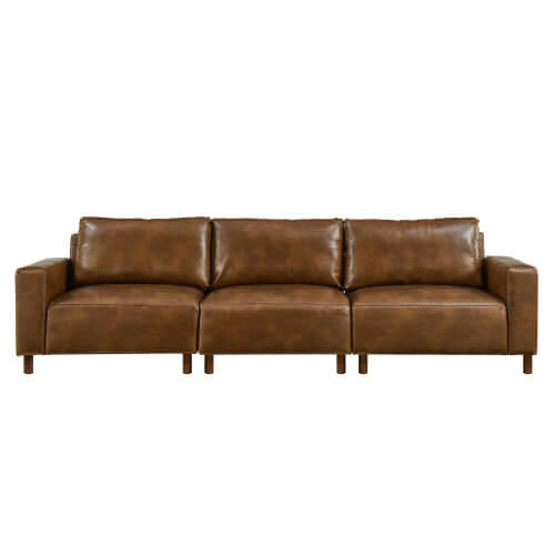 Luxury PU Leather Sofa 112" – Modern Faux Leather 3-Seat Couch with Wood Legs (3 Colors) in brown color.