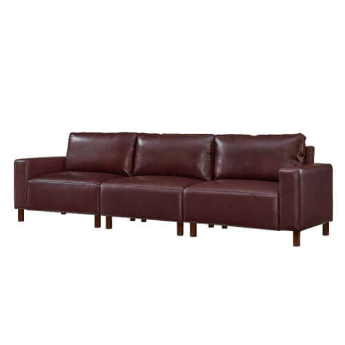 Luxury PU Leather Sofa 112" – Modern Faux Leather 3-Seat Couch with Wood Legs (3 Colors) in rich brown.