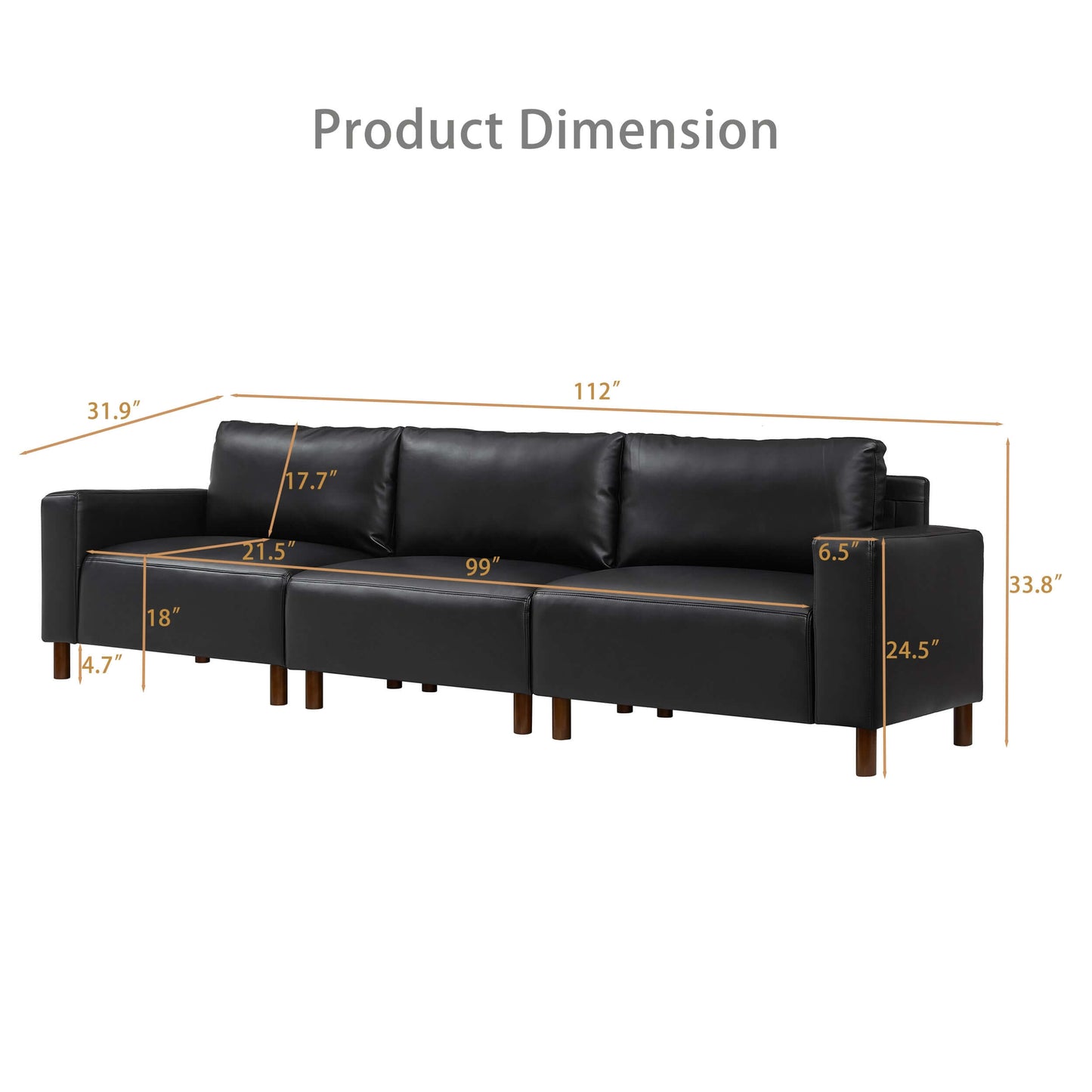 Luxury PU Leather Sofa 112" – Modern Faux Leather 3-Seat Couch with Wood Legs (3 Colors) dimensions image