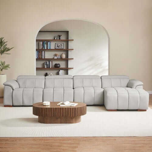 Wall-Hugger Power Reclining Leather Sectional – 4 Seat L-Shape Recliner Sofa with USB (144") in stylish living room setting.