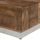 Close-up of Luxvil 43" Premium Solid Wood Coffee Table with Storage Drawer showcasing natural wood finish and sleek design.