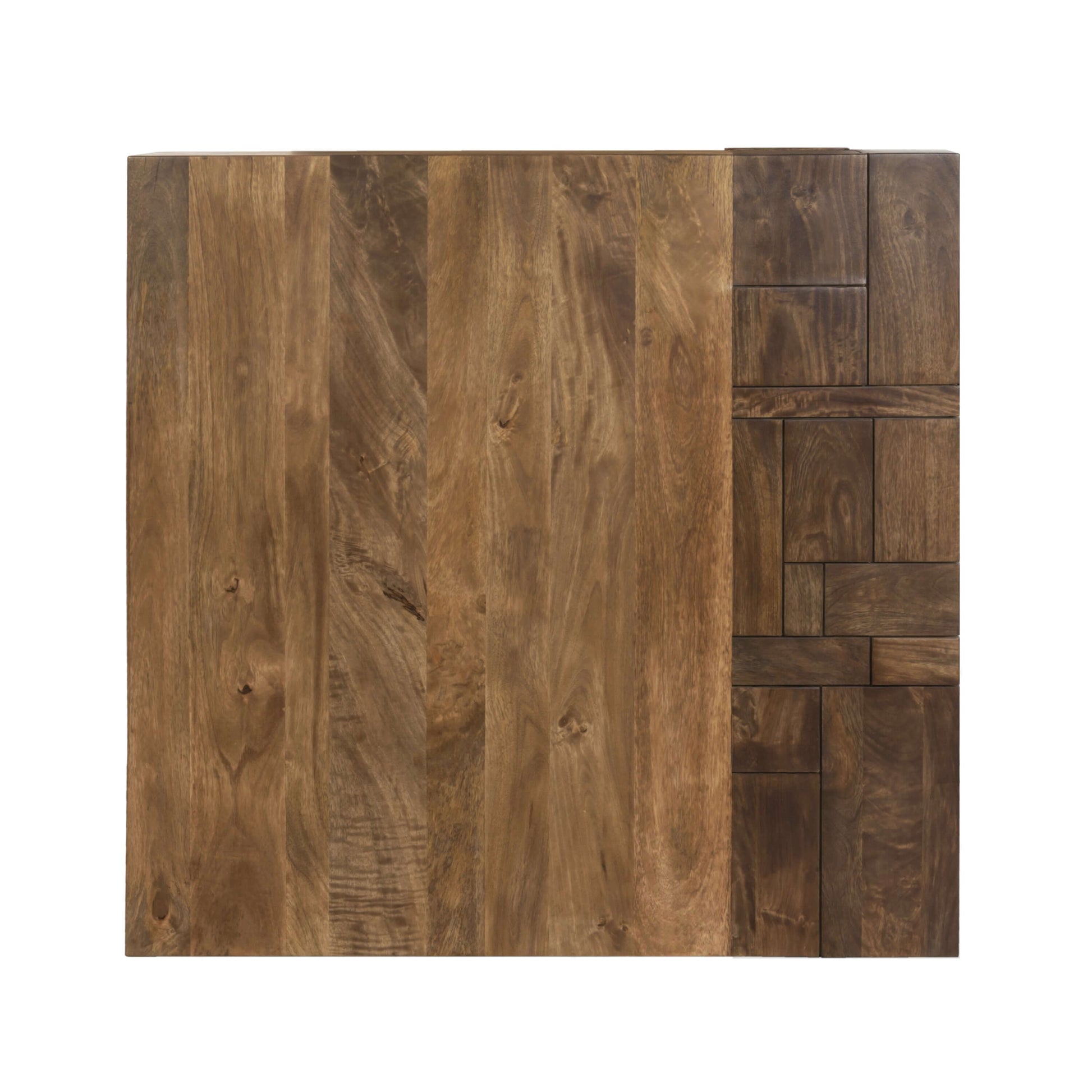 Luxvil 43" Premium Solid Wood Coffee Table with Storage Drawer top view showcasing rich wood texture and geometric detailing.