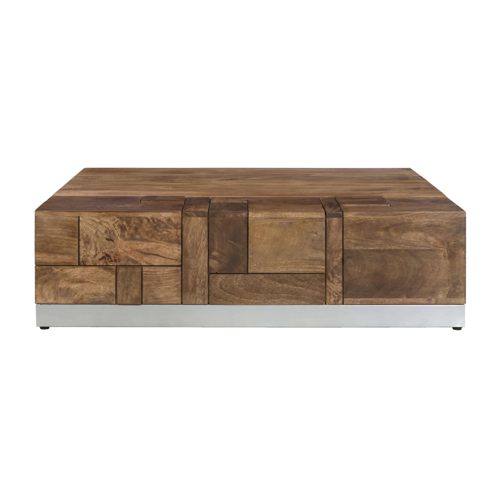 Luxvil 43" Premium Solid Wood Coffee Table with Storage Drawer featuring geometric detailing and a light brown finish.