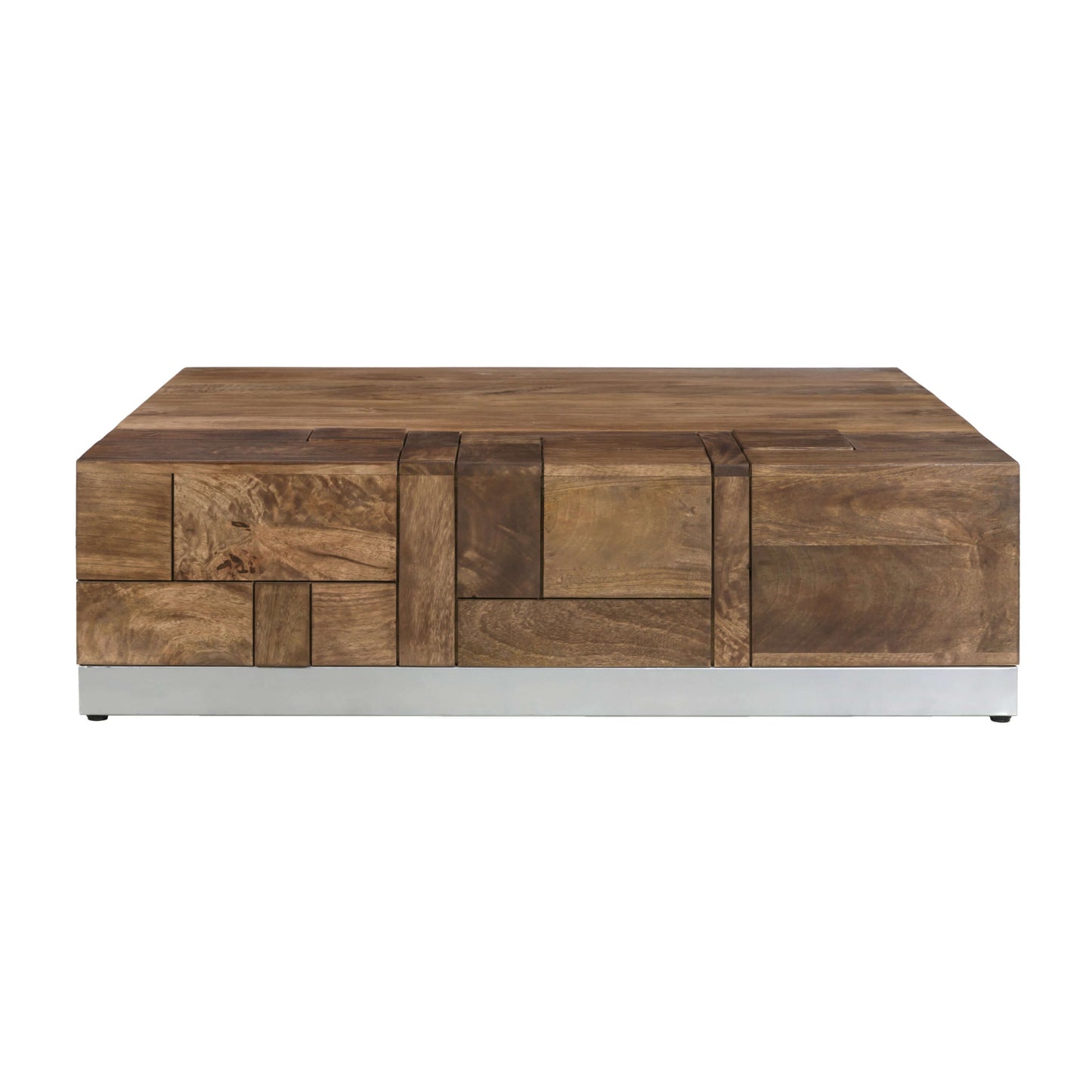 Luxvil 43" Premium Solid Wood Coffee Table with Storage Drawer featuring geometric detailing and a light brown finish.