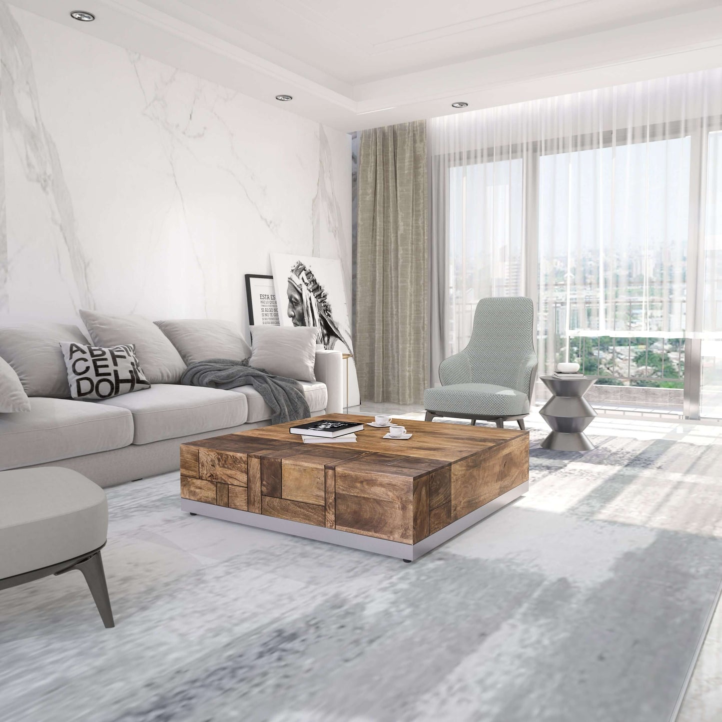 Luxvil 43" Premium Solid Wood Coffee Table with Storage Drawer in modern living room setting with natural light.