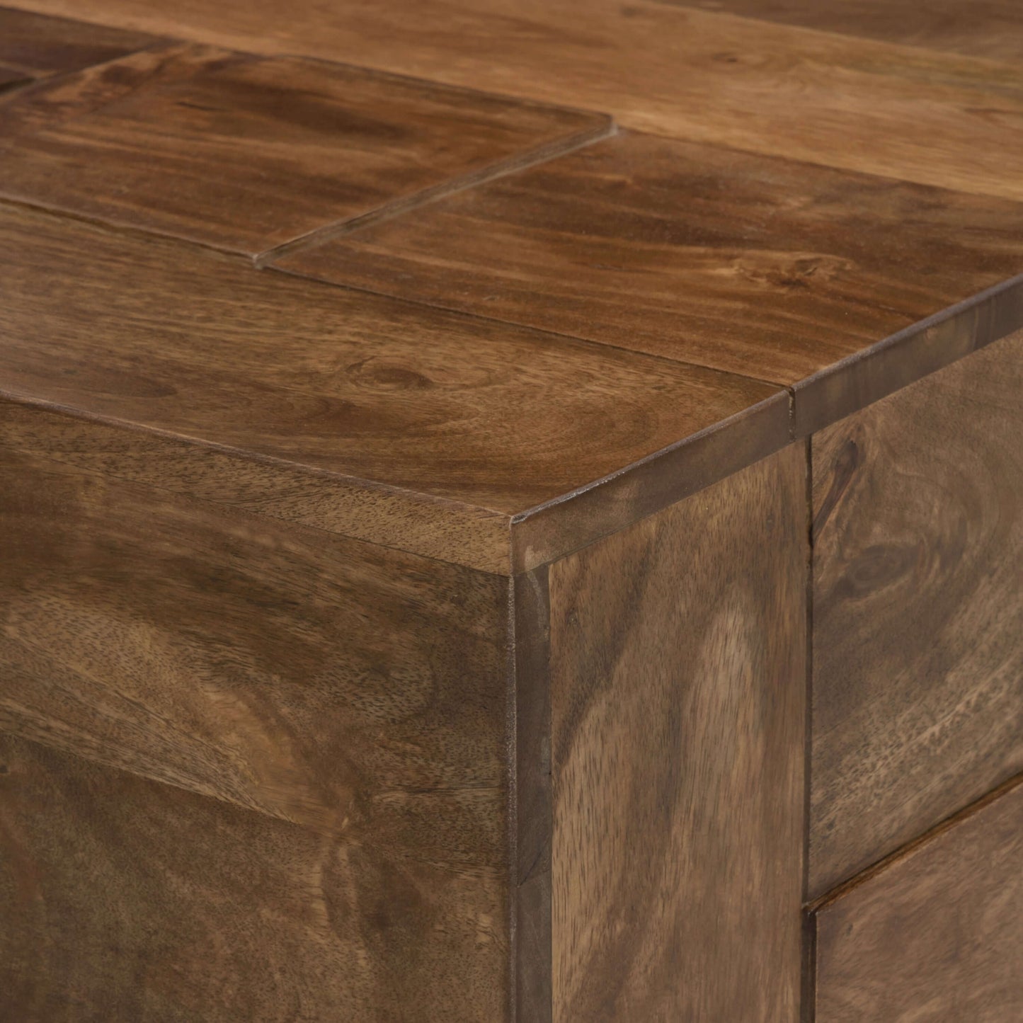 Luxvil 43" Premium Solid Wood Coffee Table with Storage Drawer close-up detail showcasing artisan craftsmanship and finish.