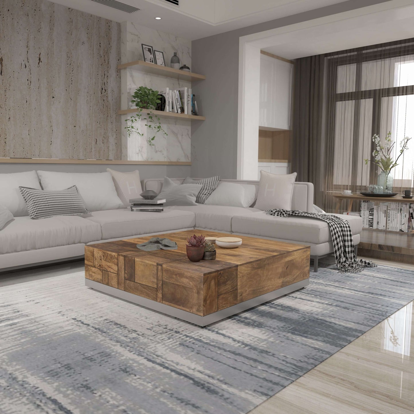 Luxvil 43" Premium Solid Wood Coffee Table with Storage Drawer in modern living room setting with sofa and rug.