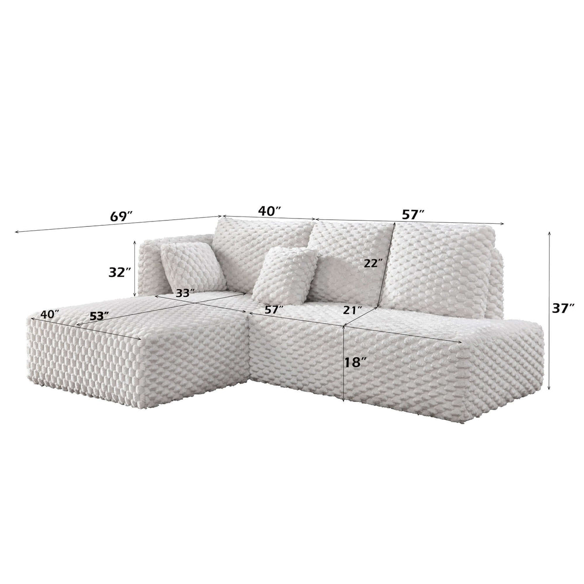Manya Ivory Corduroy Sectional Sofa – 97” L-Shape Chaise Sofa with Pillows, dimensions and design details.