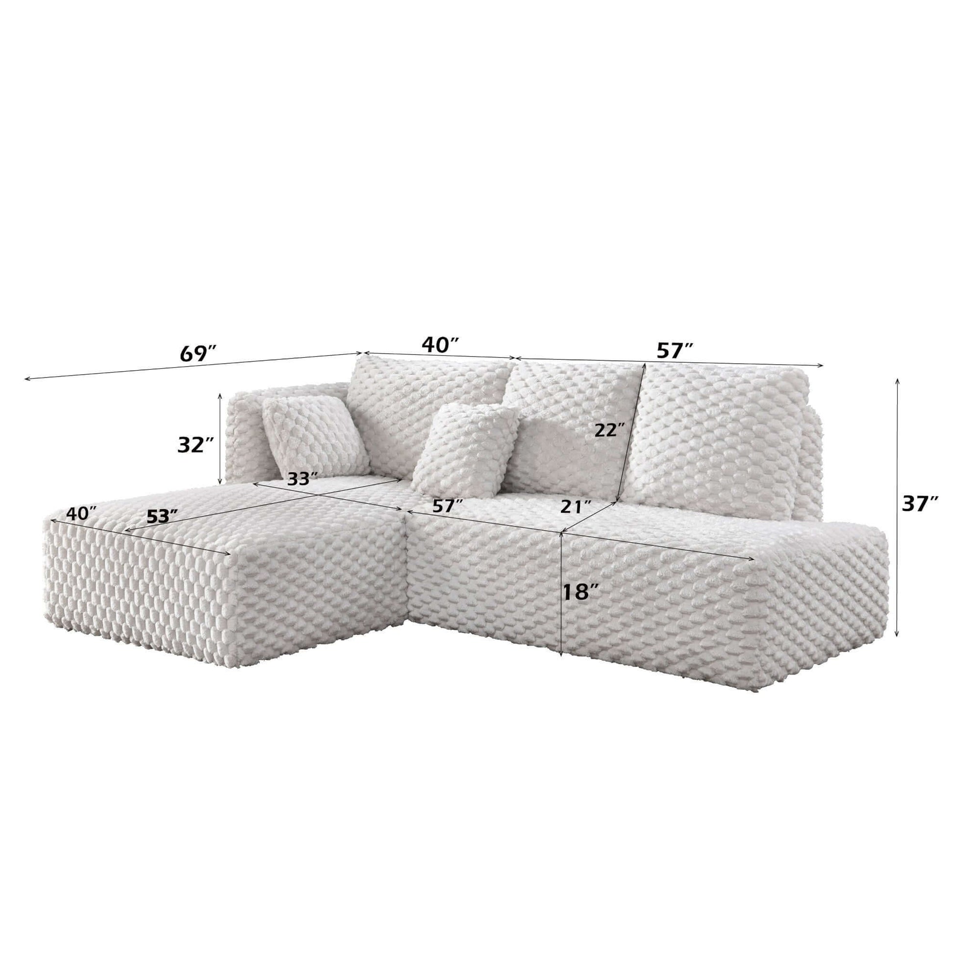 Manya Ivory Corduroy Sectional Sofa – 97” L-Shape Chaise Sofa with Pillows, dimensions and design details.