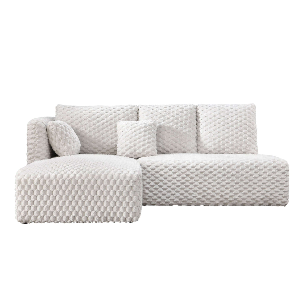 Manya Ivory Corduroy Sectional Sofa – 97” L-Shape Chaise Sofa with Pillows showcasing a soft textured design.
