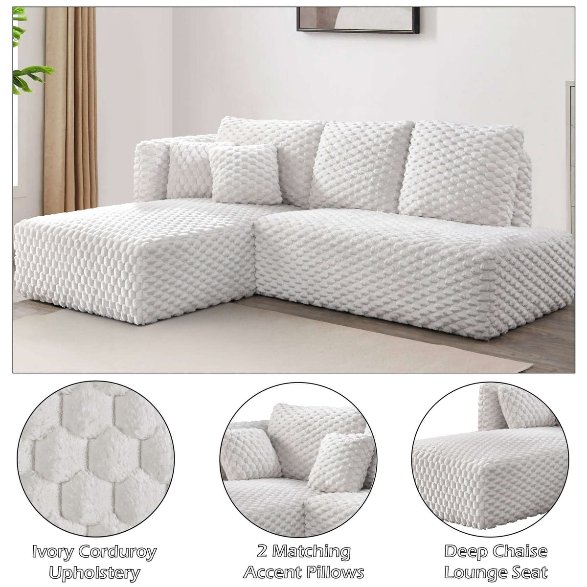 Manya Ivory Corduroy Sectional Sofa – 97” L-Shape Chaise Sofa with Pillows in soft texture with matching accent pillows