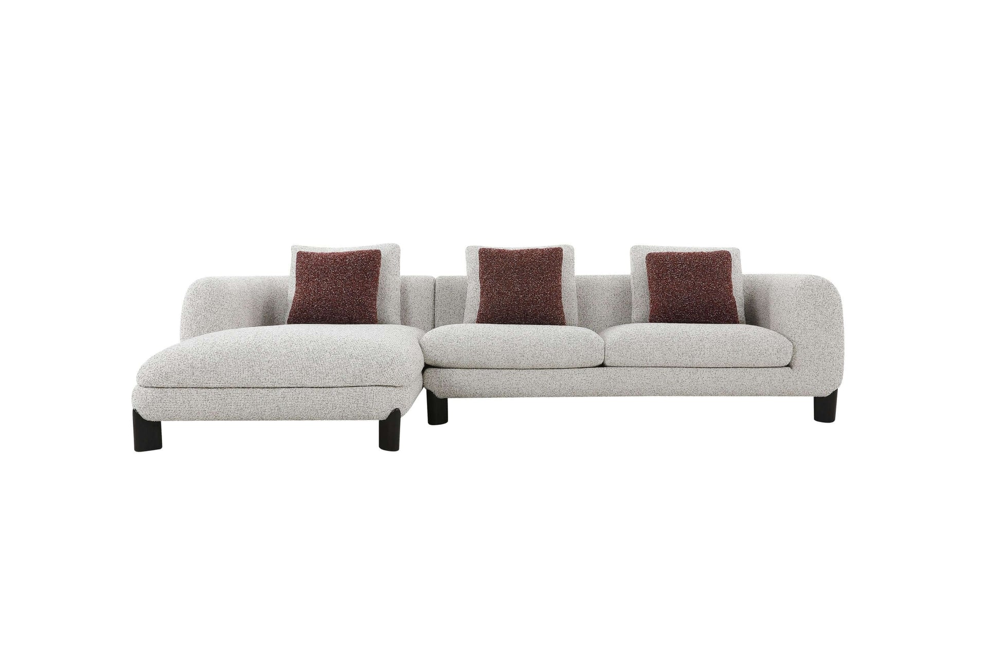 Mardi Tweed Sectional Sofa 120" – Beige Boucle Chaise Sofa with Pillows in modern living room setting.