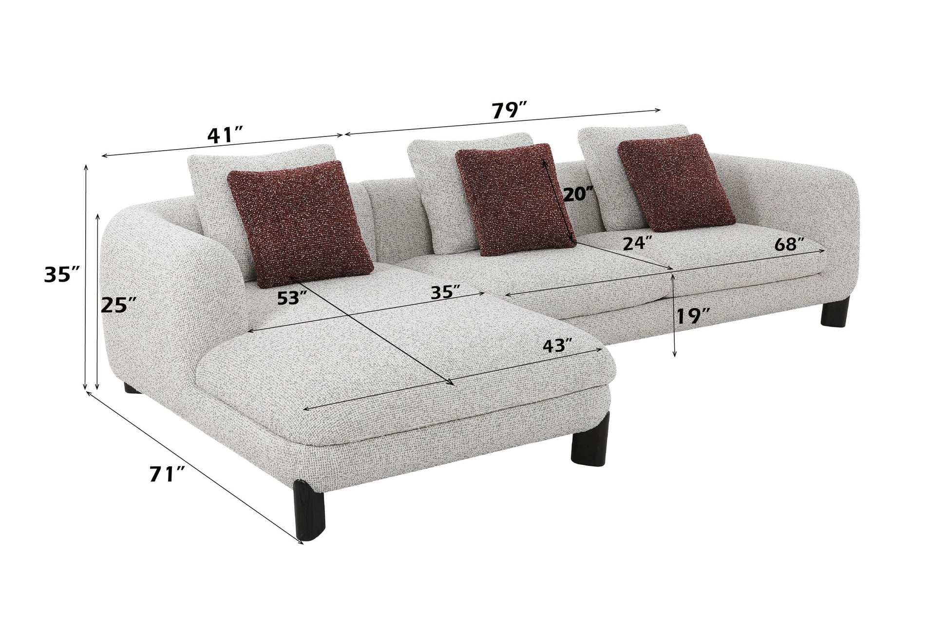 Mardi Tweed Sectional Sofa 120" – Beige Boucle Chaise Sofa with Pillows dimensions 79" x 35" x 41".