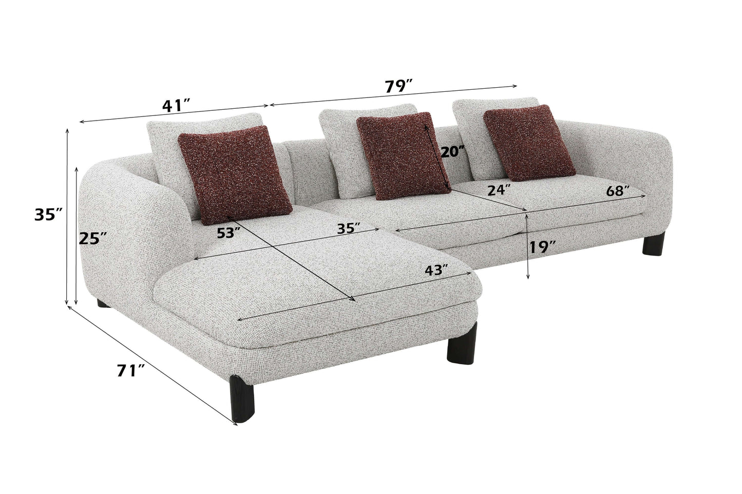 Mardi Tweed Sectional Sofa 120" – Beige Boucle Chaise Sofa with Pillows dimensions 79" x 35" x 41".