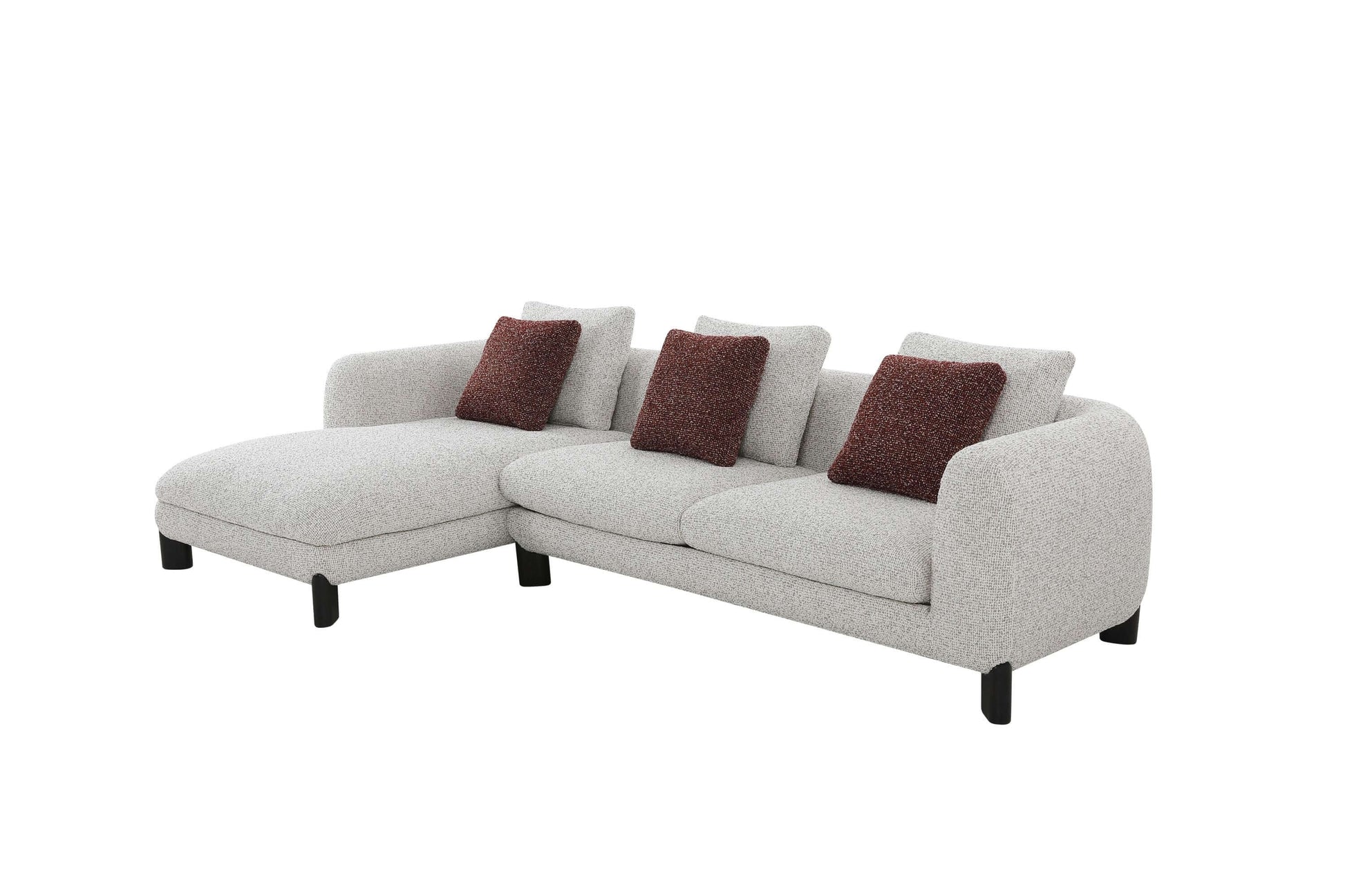 Mardi Tweed Sectional Sofa 120" – Beige Boucle Chaise Sofa with Pillows in a modern living room setting.