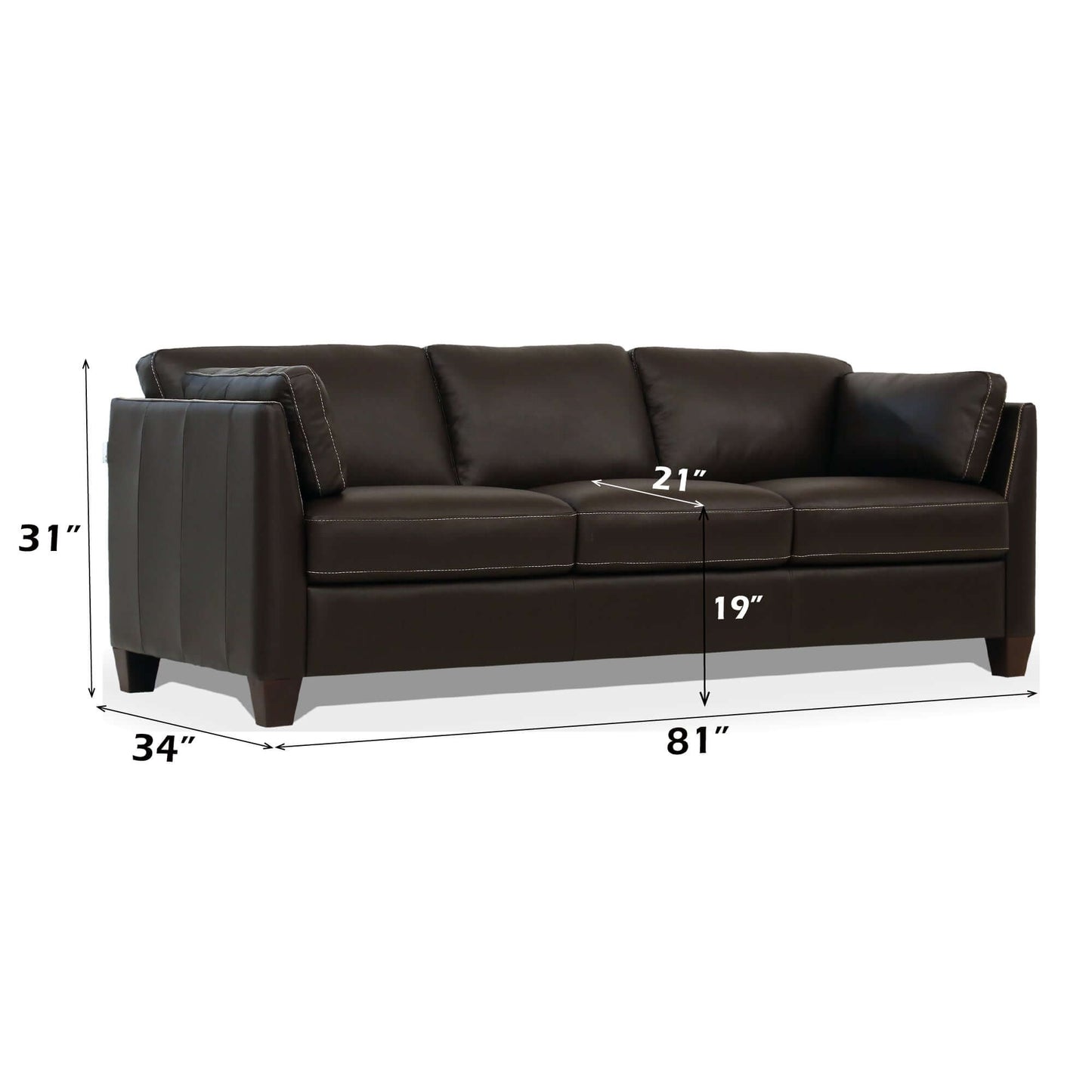Matias Chocolate Brown Premium Italian Leather Sofa 81" with measurements showcasing its elegant design.
