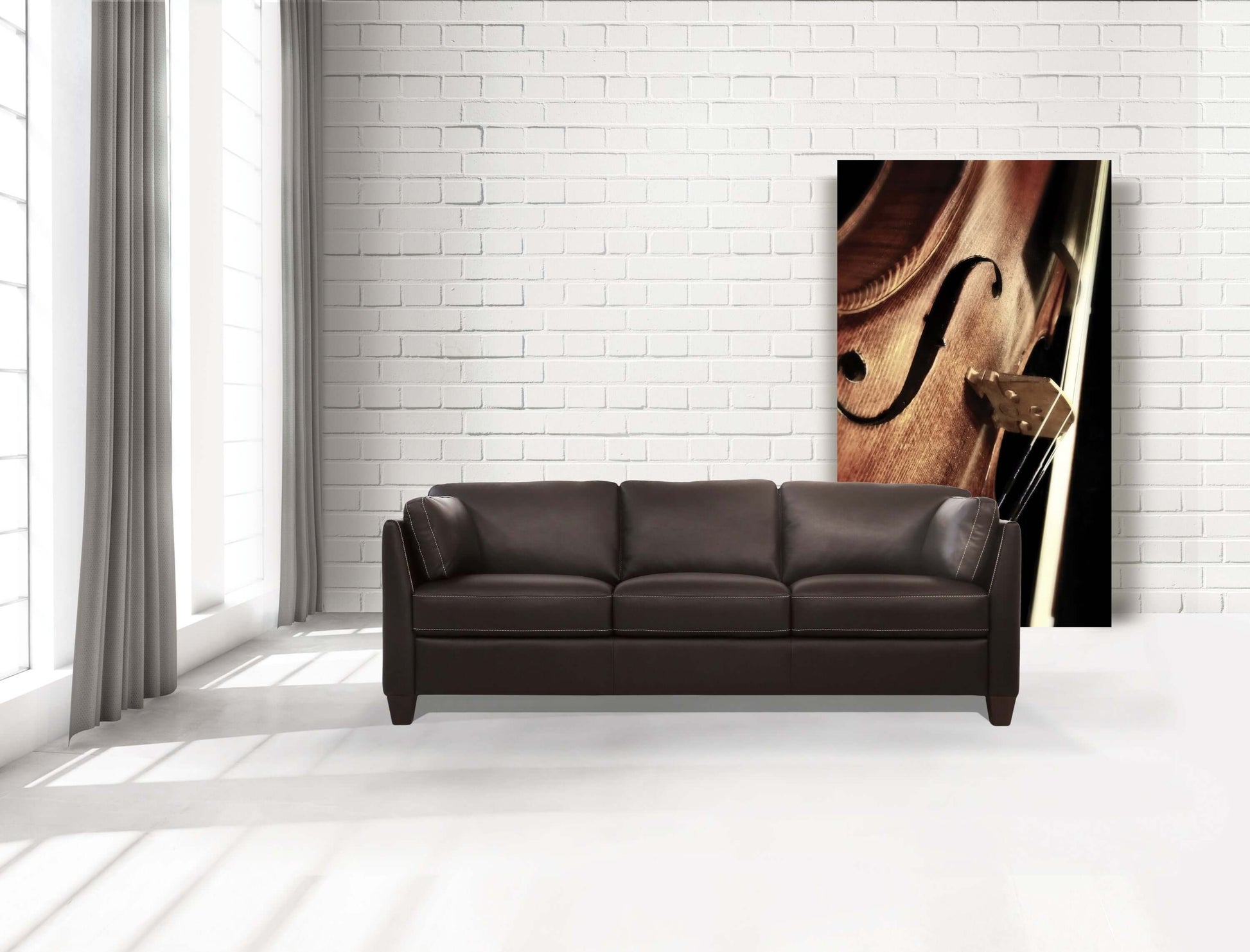 Matias Chocolate Brown Premium Italian Leather Sofa 81" in a bright modern living room with artistic decor.