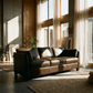 Matias Chocolate Brown Premium Italian Leather Sofa 81" in a sunlit room with large windows and natural decor.