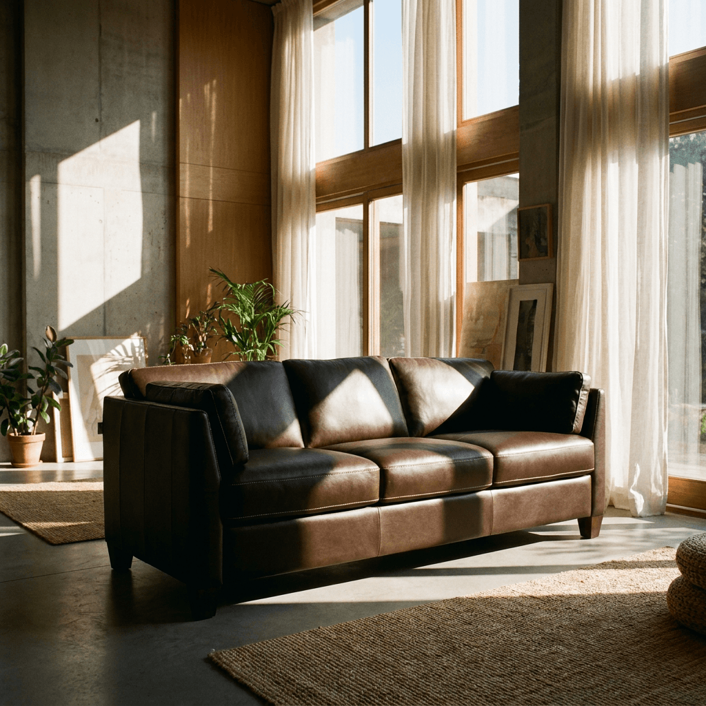 Matias Chocolate Brown Premium Italian Leather Sofa 81" in a sunlit room with large windows and natural decor.