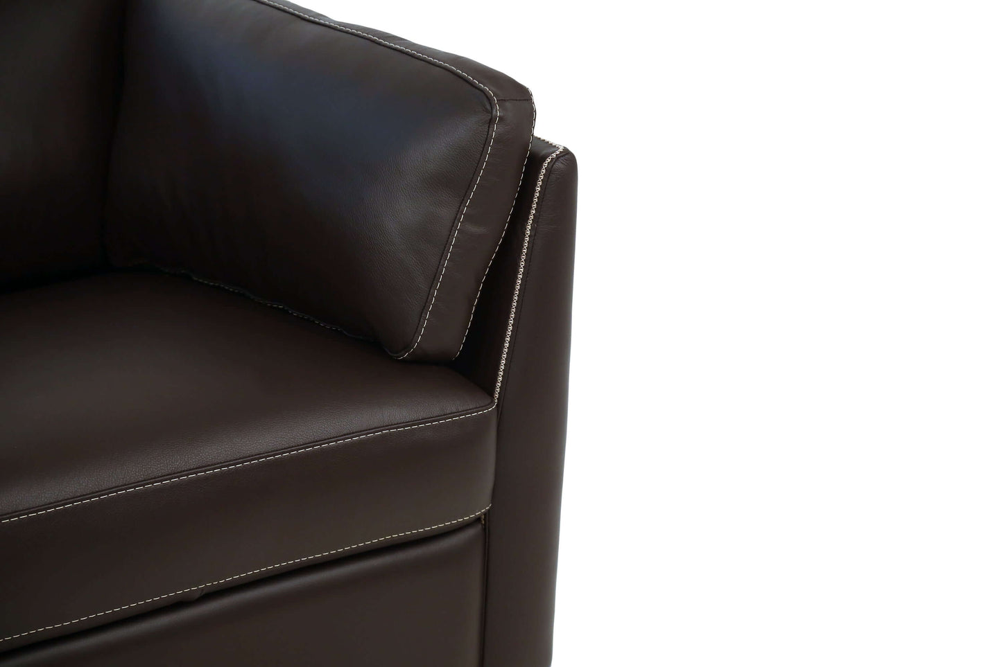 Matias Chocolate Brown Premium Italian Leather Sofa 81" close-up of armrest and cushion detail in rich chocolate finish