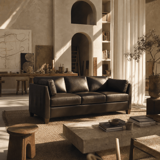Matias Chocolate Brown Premium Italian Leather Sofa 81" in a stylish living room setting with natural light.