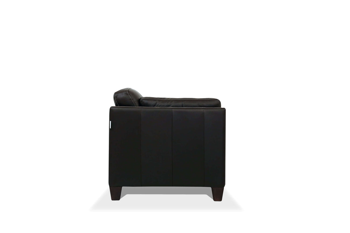 Matias Chocolate Brown Premium Italian Leather Sofa 81" side view showing sleek design and dark walnut legs.
