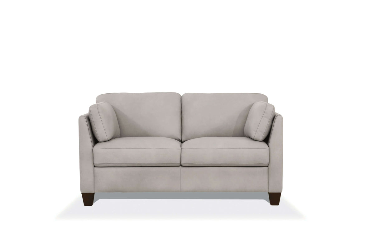 Matias Dusty Gray Italian Leather Sofa Loveseat 59" in a stylish gray finish with sloped armrests and dark walnut legs.