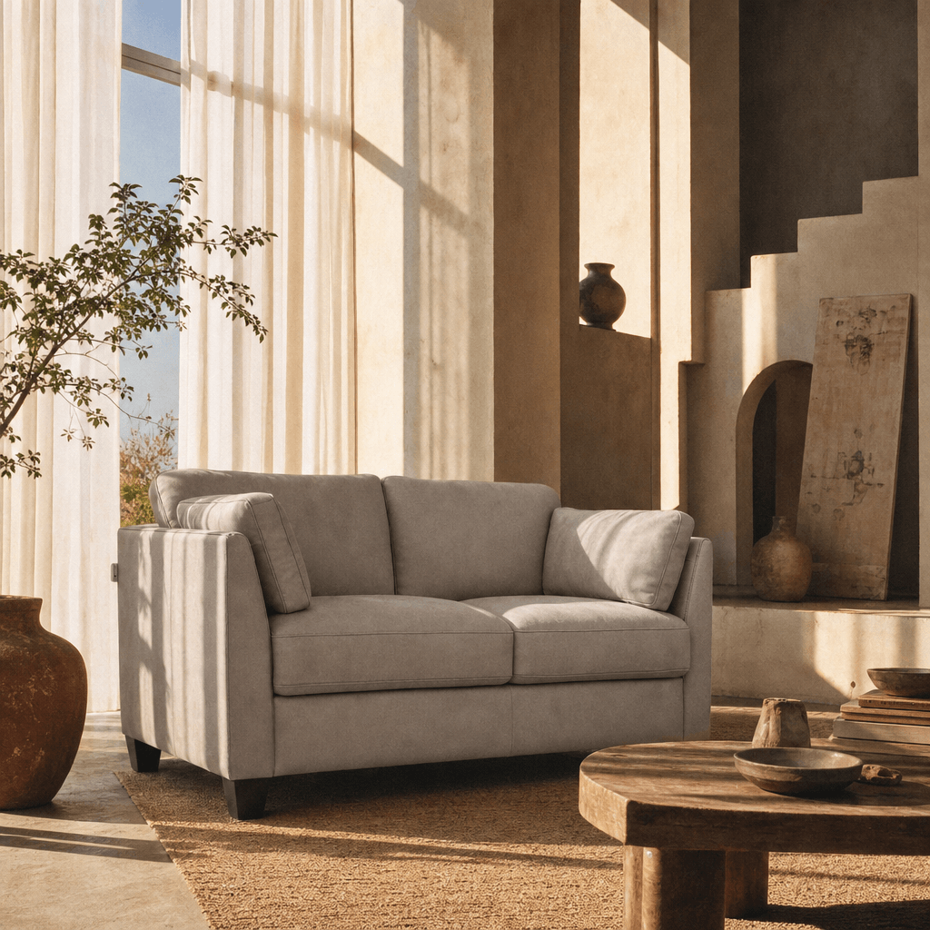 Matias Dusty Gray Italian Leather Sofa Loveseat 59" showcased in a stylish living room with natural light.