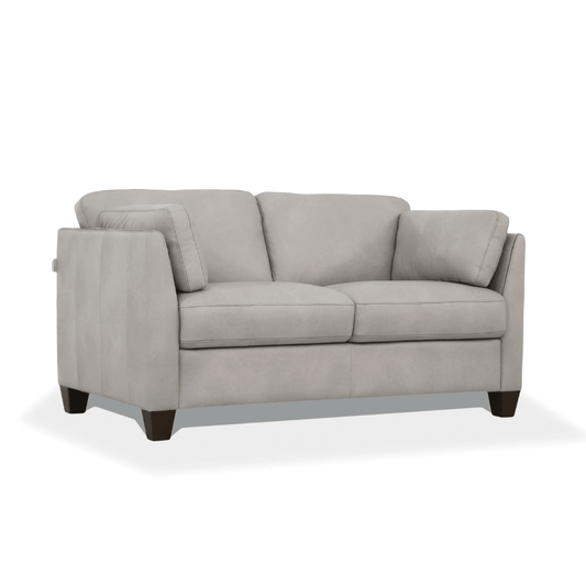 Matias Dusty Gray Italian Leather Sofa Loveseat 59" featuring sloped armrests and dark walnut legs.